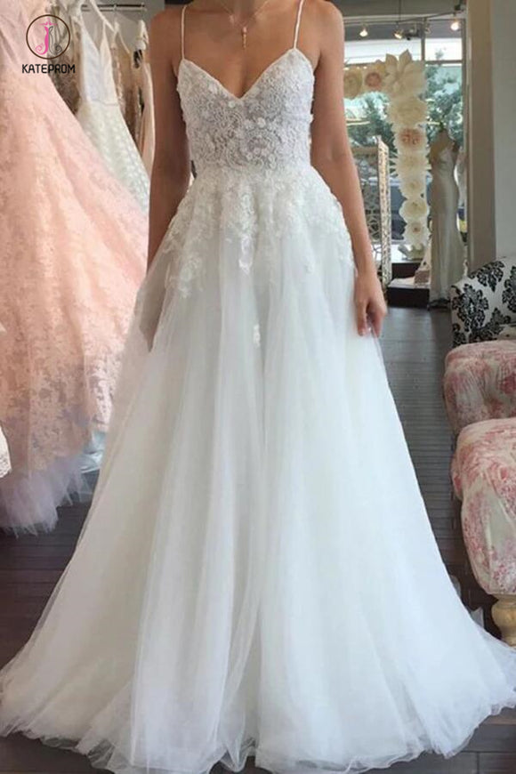 A Line Spaghetti Straps V Neck Floor Ivory Tulle Beach Wedding Dress with Appliques KPW0226