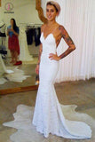 Spaghetti Strap Lace Sexy Mermaid Cheap Long Wedding Dresses, Lace Bridal Dress KPW0229