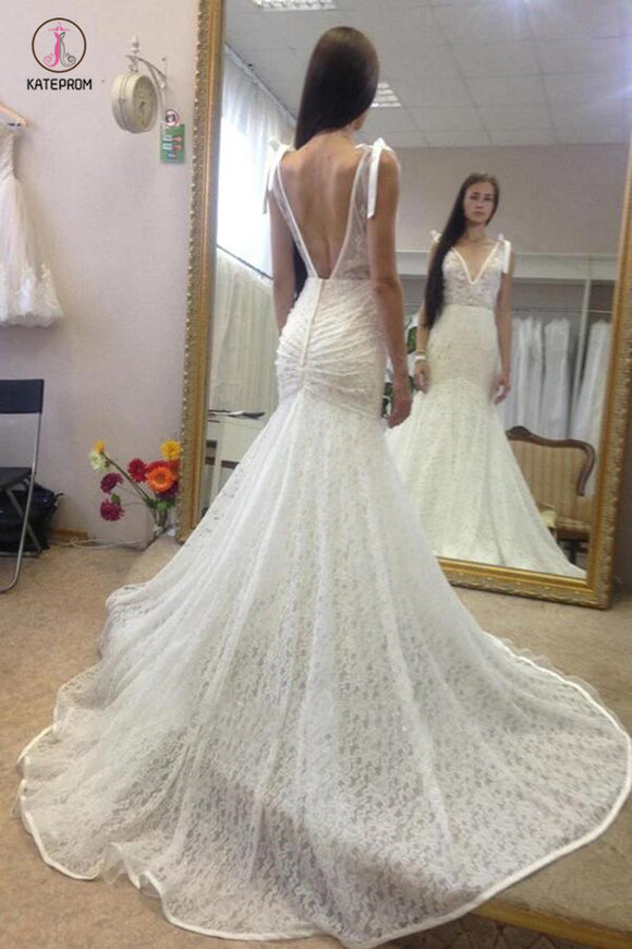 Deep V Neck Sleeveless Mermaid Lace Wedding Gown With Deep V Back, Long Lace Bridal Dress KPW0230