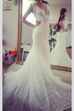 Deep V Neck Sleeveless Mermaid Lace Wedding Gown With Deep V Back, Long Lace Bridal Dress KPW0230