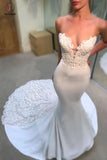 Strapless V-neck Mermaid Court Train Appliques Lace Wedding Dresses KPW0231
