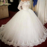 Ball Gown Long Sleeve Wedding Dress with Lace, Off the Shoulder Tulle Bridal Dress KPW0232