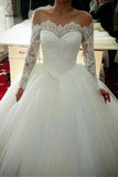 Ball Gown Long Sleeve Wedding Dress with Lace, Off the Shoulder Tulle Bridal Dress KPW0232