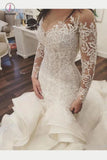 Gorgeous Long Sleeve Ivory Appliques Ruffles Wedding Gowns, Mermaid Bridal Dress KPW0235