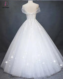 White Princess Off Shoulder Tulle Wedding Dress, Floor Length Appliqued Bridal Dress KPW0236