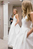 Simple A-Line Criss Cross Back Satin Wedding Dress with Pockets, Cheap Bridal Dress KPW0237
