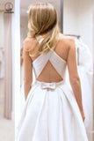 Simple A-Line Criss Cross Back Satin Wedding Dress with Pockets, Cheap Bridal Dress KPW0237