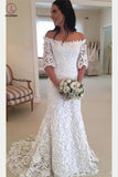 White Off the Shoulder Lace Wedding Dress, Half Sleeves Sweep Train Lace Bridal Dress KPW0238