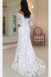 White Off the Shoulder Lace Wedding Dress, Half Sleeves Sweep Train Lace Bridal Dress KPW0238