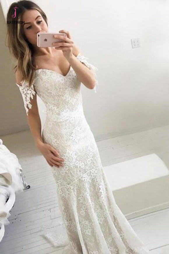 Affordable Off the Shoulder Mermaid Lace Long Wedding Dresses, Lace Prom Dress KPW0239