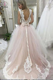 Pale Pink Court Train Wedding Dress with Lace Appliques, Sleeveless Bridal Dress KPW0240