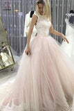 Pale Pink Court Train Wedding Dress with Lace Appliques, Sleeveless Bridal Dress KPW0240
