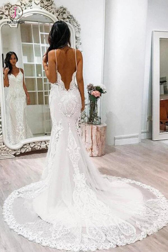Spaghetti Strap Backless Lace Wedding Dress, Mermaid Lace Long Bridal Dresses KPW0241