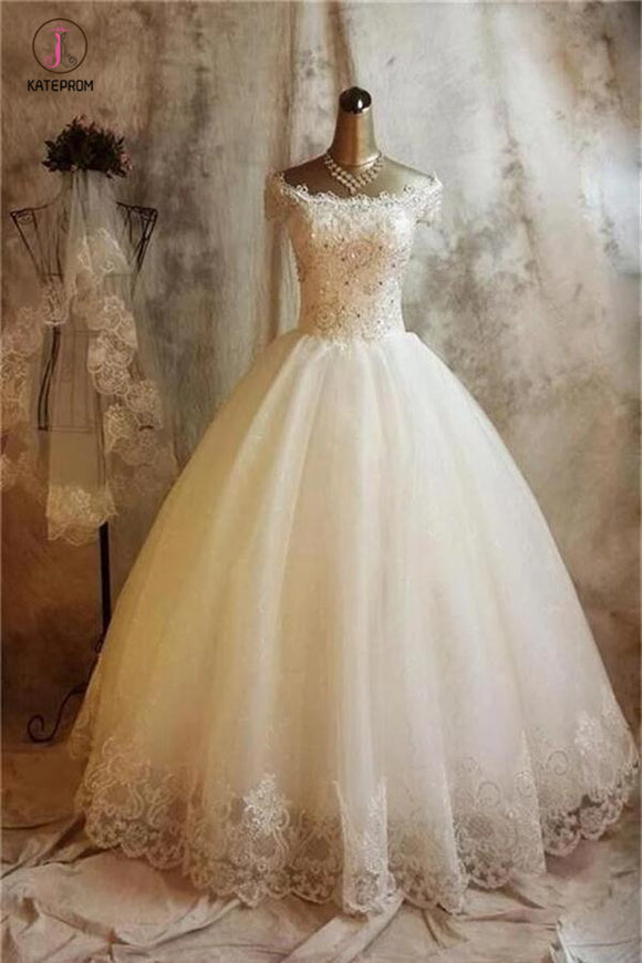 Ivory Off Shoulder Tulle Puffy Wedding Dress with Short Sleeve, Floor Length Bridal Dress KPW0242