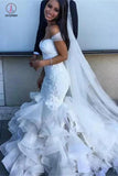 Gorgeous Off the Shoulder Mermaid Wedding Dress with Ruffles, White Bridal Gown KPW0243