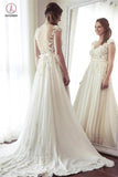 Charming Long Ivory Lace Chiffon V-neck Elegant Beach Wedding Dresses with Lace Applique KPW0245