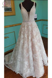 A Line Lace Wedding Dress with Beading, Strap V Neck Bridal Dress with Beading Waist KPW0247
