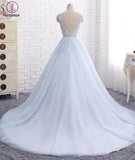 Light Blue V Neck Sleeveless Ball Gown Wedding Dress, Appliqued Tulle Bridal Dresses KPW0248
