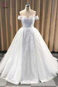 Puffy Off Shoulder Tulle Wedding Dress, Cheap Appliqued Bridal Dress with Train KPW0249