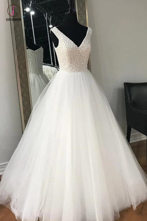 Ivory Floor Length V Neck Wedding Dress with Beads, A Line Sleeveless Tulle Bridal Gown KPW0250