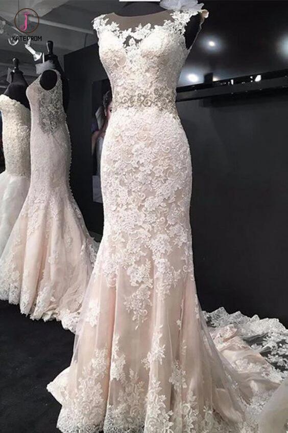 Elegant Sleeveless Mermaid Bridal Dress, Lace Wedding Dress with Train KPW0252