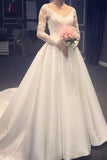 Elegant A Line V-Neck Appliques Long Sleeves Wedding Dress With Chapel Train KPW0254
