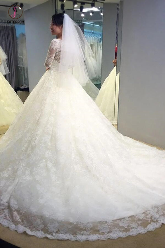 Vintage Lace Long Sleeve Wedding Dress, A Line V Neck Lace Bridal Dresses KPW0255