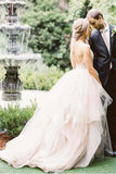 Puffy Spaghetti Straps V Neck Backless Asymmetrical Light Pink Long Wedding Dresses KPW0257