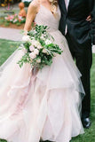 Puffy Spaghetti Straps V Neck Backless Asymmetrical Light Pink Long Wedding Dresses KPW0257