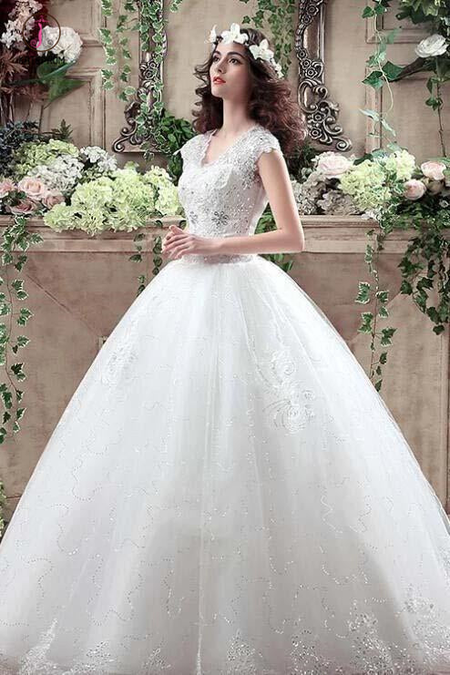 Ball Gown Cap Sleeve V Neck Open Back Lace Appliques Sequins Tulle Wedding Dress KPW0258