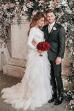 A-Line Ivory Sweep Train Tulle Long Sleeves Beach Wedding Dresses with Ruffles KPW0259