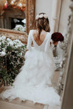 A-Line Ivory Sweep Train Tulle Long Sleeves Beach Wedding Dresses with Ruffles KPW0259