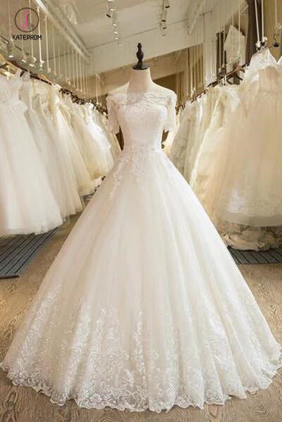 Floor Length Puffy Wedding Dresses Off-the-shoulder Ball Gown Lace Ivory Bridal Gown KPW0262