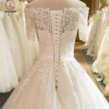 Floor Length Puffy Wedding Dresses Off-the-shoulder Ball Gown Lace Ivory Bridal Gown KPW0262