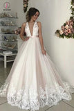 Romantic Wedding Dress, Long V-Neck Tulle Open Back Prom Gown with Lace KPW0263