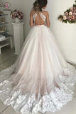 Romantic Wedding Dress, Long V-Neck Tulle Open Back Prom Gown with Lace KPW0263