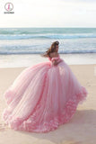 Pink Off the Shoulder Tulle Flower Wedding Dresses Ball Gowns Quinceanera Dress KPW0265