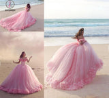 Pink Off the Shoulder Tulle Flower Wedding Dresses Ball Gowns Quinceanera Dress KPW0265