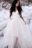Charming Straps Lace Top Backless Tulle Asymmetrical Ivory Wedding dresses KPW0266