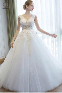 Ball Gown V Neck Tulle Court Train Appliques Lace Backless Cap Sleeve Bridal Dresses KPW0267