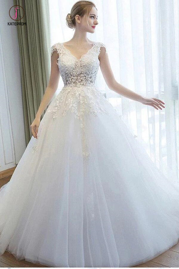 Ball Gown V Neck Tulle Court Train Appliques Lace Backless Cap Sleeve Bridal Dresses KPW0267