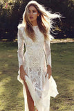 Ivory Sheath Long Sleeve Backless Lace Wedding Dress, Boho Beach Wedding Dress KPW0268