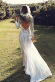 Ivory Sheath Long Sleeve Backless Lace Wedding Dress, Boho Beach Wedding Dress KPW0268