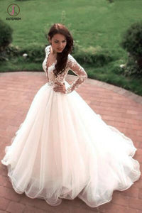 Boho Puffy Tulle Bridal Dress with Lace, Long Sleeves Sheer Neck Ivory Wedding Dress KPW0270