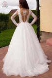 Boho Puffy Tulle Bridal Dress with Lace, Long Sleeves Sheer Neck Ivory Wedding Dress KPW0270