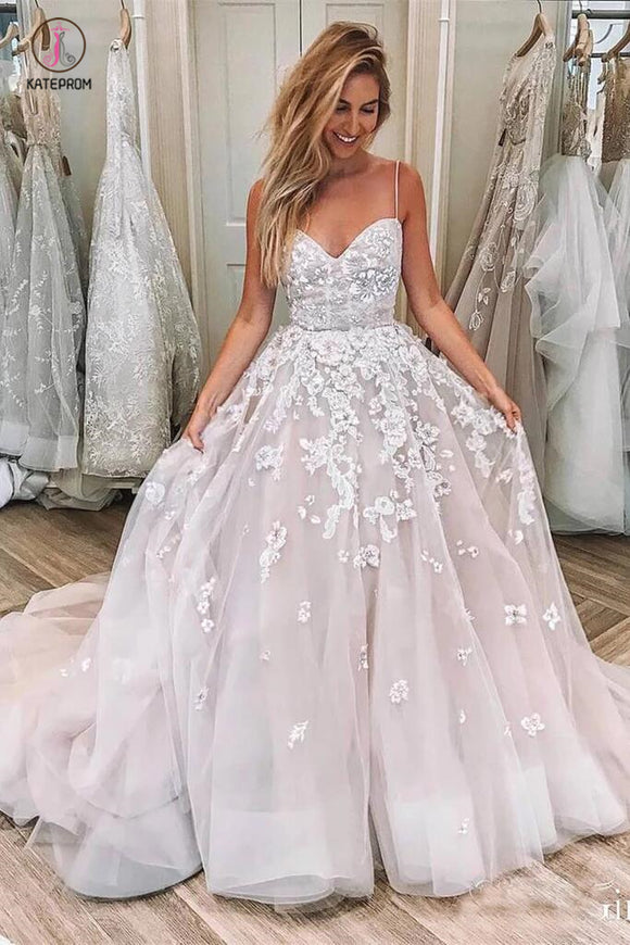 Spaghetti Strap Sleeveless Lace Applique Wedding Dresses, Puffy Long Bridal Gown KPW0273