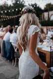 Boho Mermaid Lace Beach Wedding Dresses Cap Sleeve Bohemian Bridal Gown KPW0275