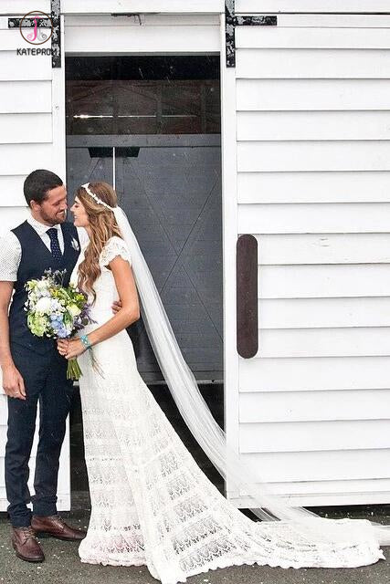 mermaid lace wedding dress cap sleeves Boho Mermaid Lace Beach Wedding Dresses Cap Sleeve Bohemian Bridal Gow –  kateprom
