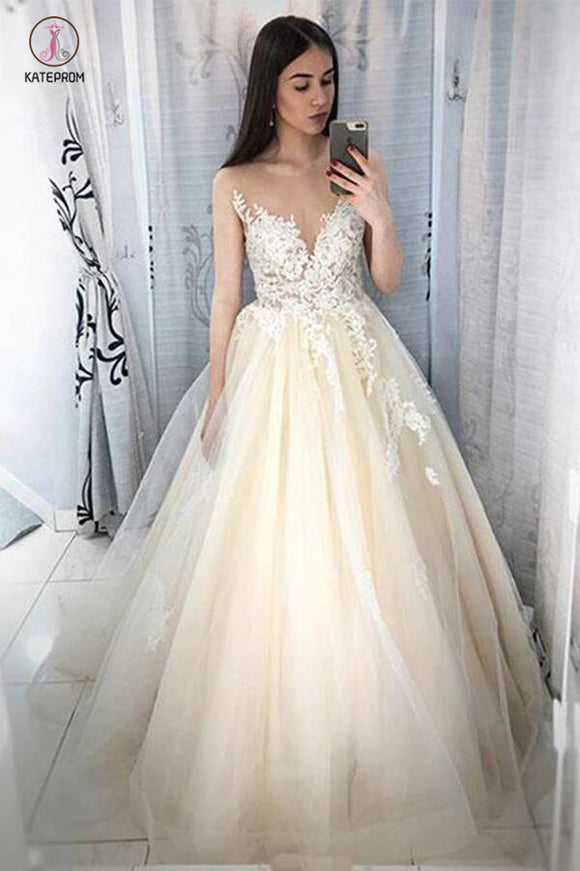Lace Appliqued Tulle Long A-line Prom Dresses, Sheer Neck Wedding Dresses KPW0280