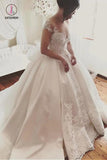 Fascinating Satin Sheer Neckline Ball Gown Wedding Dress With Appliques Bowknot KPW0298